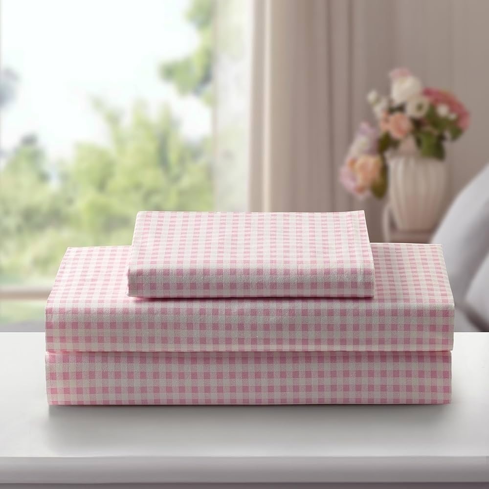 Laurel & Mayfair 250tc 100% Cotton Gingham Checkered Print Sheet Set, Full, Pink - Picture 2 of 3